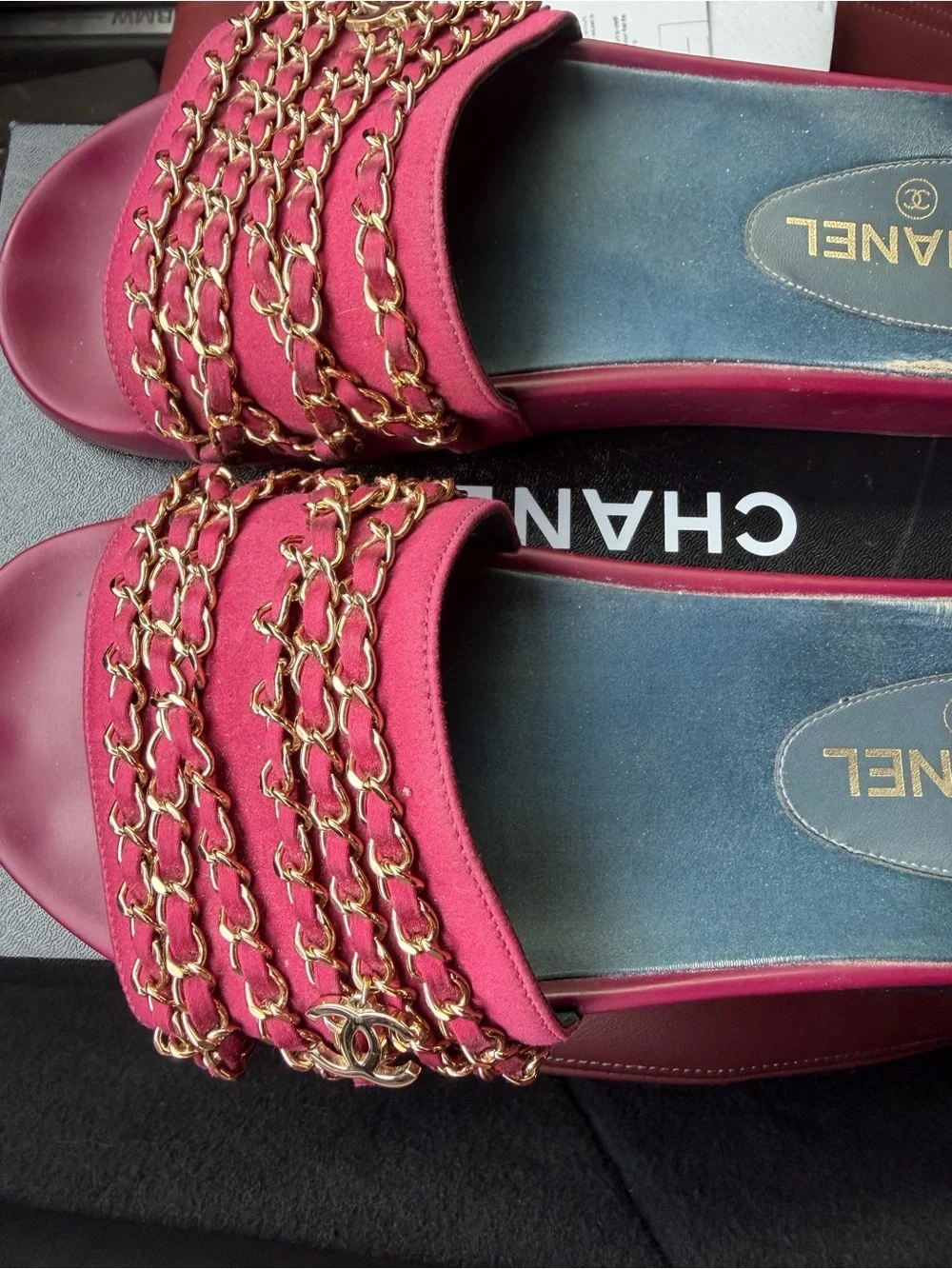 CHANEL Pink Leather Slide Mules with Gold Chain Trim
